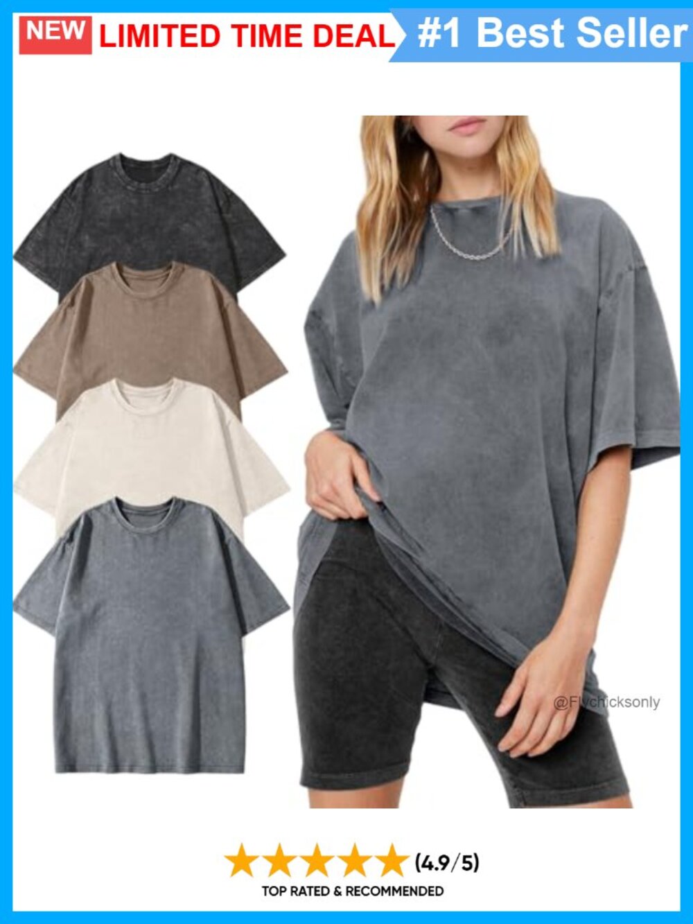 Women Vintage Oversized Acid Washed Cotton T-Shirt Baggy Gym Tee Top